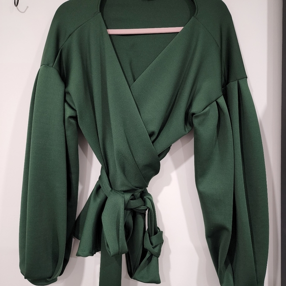 Lantern Sleeve Wrap Belted Peplum Blouse - Picture 2 of 6